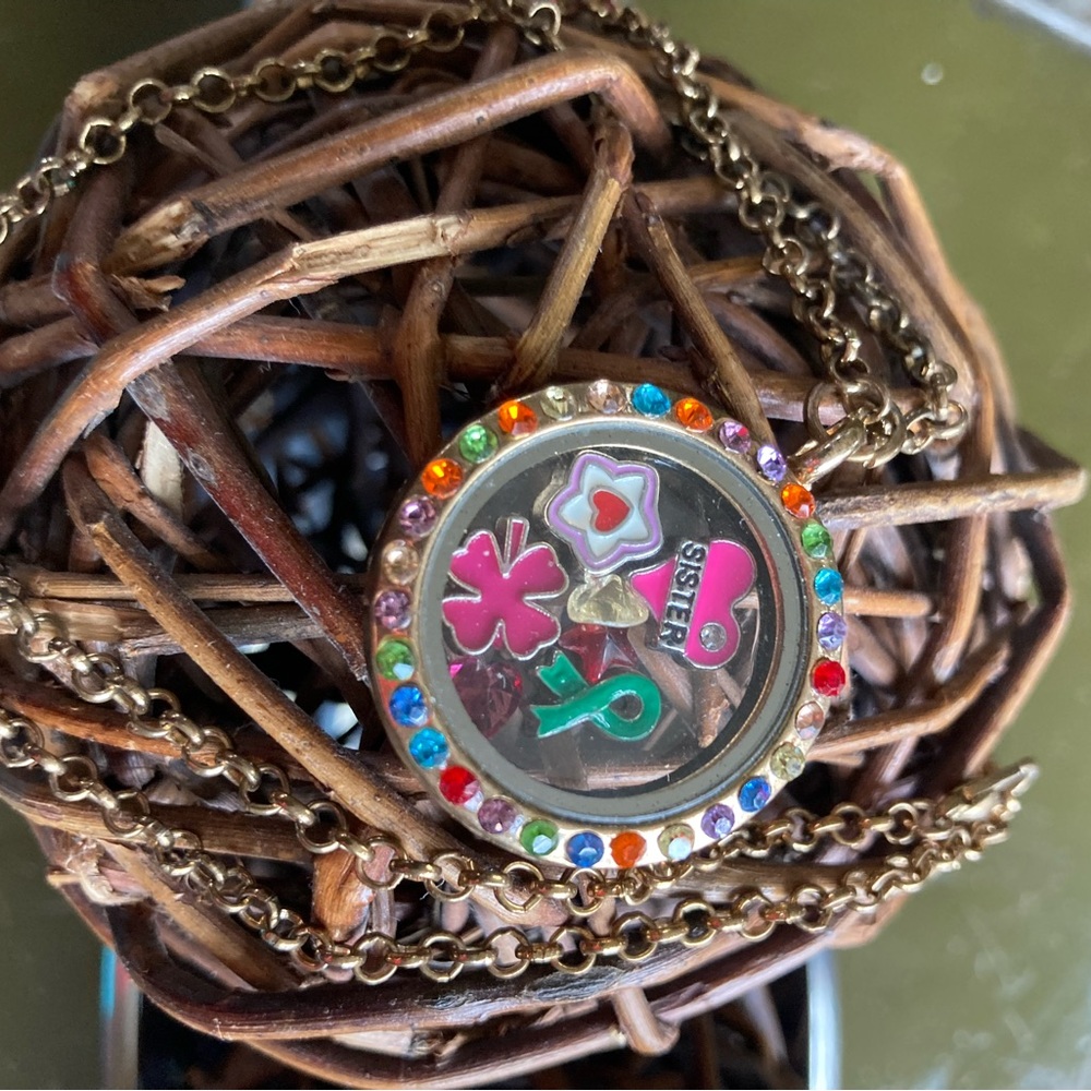 Multi Colorful Charm Necklace with Sister Pendant and Mental Health Ribbon